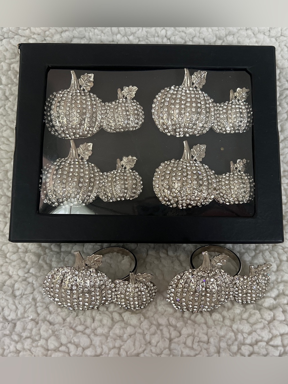 Tahari Home Napkin Rings Silver Rhinestones Halloween Thanksgiving Set of 6